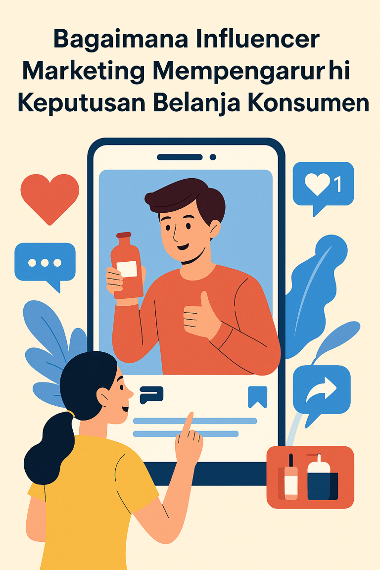 Ilustrasi flat design seorang influencer mempromosikan produk melalui layar smartphone, dikelilingi ikon media sosial seperti like, komentar, dan share, sementara konsumen terlihat berinteraksi dengan konten tersebut.