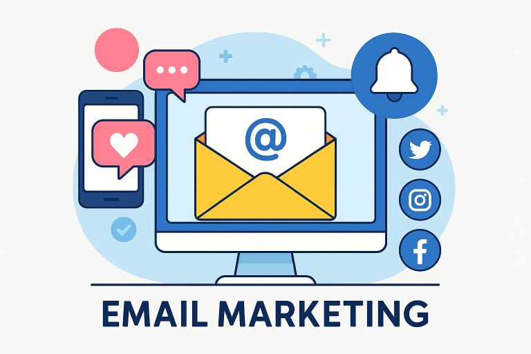 Ilustrasi digital flat design menunjukkan integrasi email marketing dengan media sosial. Layar komputer menampilkan ikon amplop email, di samping smartphone dengan notifikasi, serta ikon Twitter, Instagram, dan Facebook yang terhubung.