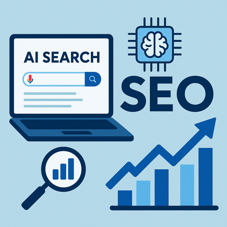Flat-style digital illustration showing a laptop with “AI SEARCH” on screen, SEO icons including a brain-shaped microchip, magnifying glass with a chart, and an upward growth graph, symbolizing SEO in the era of AI search engines.