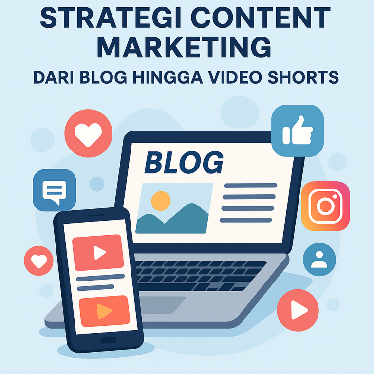 Flat-style digital infographic showing a laptop with a blog page and a smartphone displaying video shorts, surrounded by social media icons (Instagram, YouTube, likes, comments), symbolizing content marketing strategies.