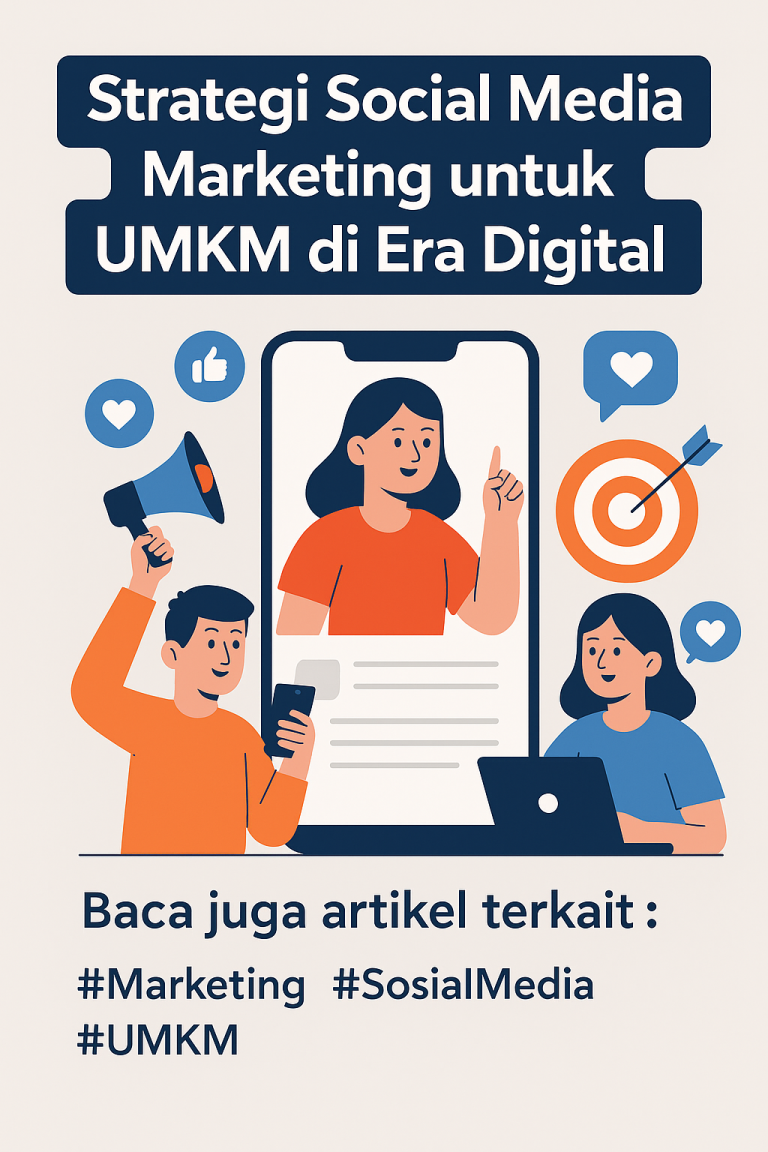 Ilustrasi digital UMKM yang memanfaatkan media sosial dengan ikon smartphone, target audiens, dan tim kecil yang membuat konten online.