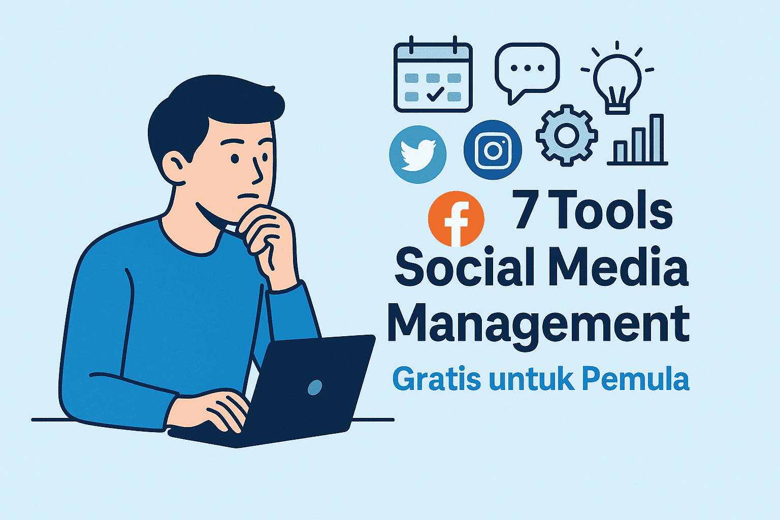 Ilustrasi modern 7 tools social media management gratis untuk pemula, menampilkan ikon media sosial dan seorang pria bekerja dengan laptop.