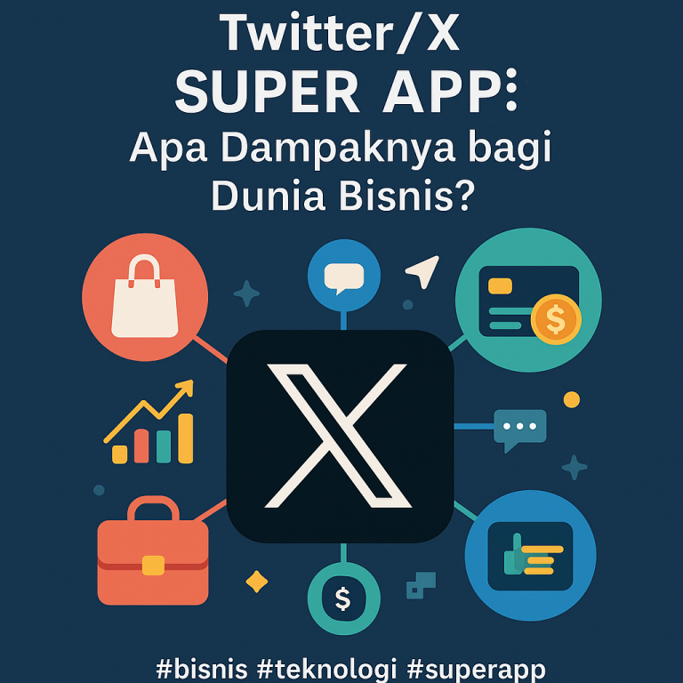 Ilustrasi digital modern menampilkan logo X di tengah, terhubung dengan ikon belanja, pembayaran digital, analitik bisnis, dan komunikasi, melambangkan transformasi Twitter/X menjadi Super App.