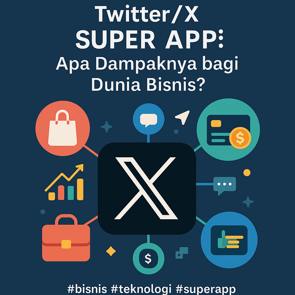 Ilustrasi digital modern menampilkan logo X di tengah, terhubung dengan ikon belanja, pembayaran digital, analitik bisnis, dan komunikasi, melambangkan transformasi Twitter/X menjadi Super App.