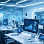 Digital illustration showing AI technology with robot icons, data charts, and marketing symbols, representing the role of artificial intelligence in transforming digital marketing.