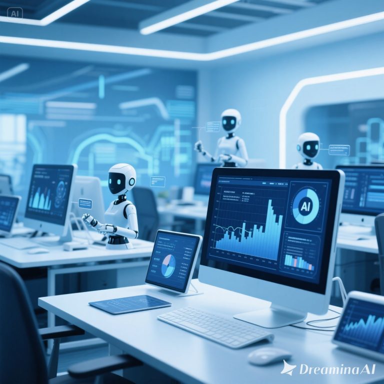 Digital illustration showing AI technology with robot icons, data charts, and marketing symbols, representing the role of artificial intelligence in transforming digital marketing.