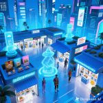 Ilustrasi toko virtual dalam metaverse dengan avatar konsumen berbelanja produk digital menggunakan teknologi AR dan VR di Indonesia.