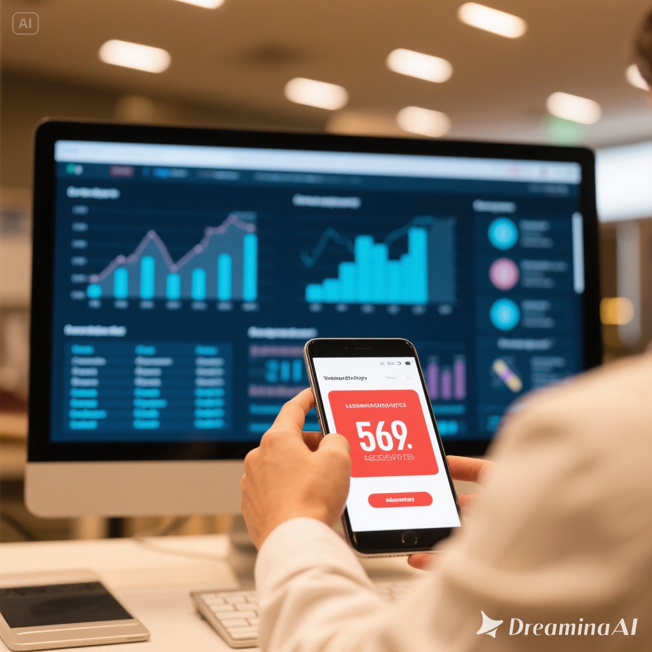 Ilustrasi e-commerce menggunakan data analytics dengan grafik penjualan, analisis pelanggan, dan dashboard digital.