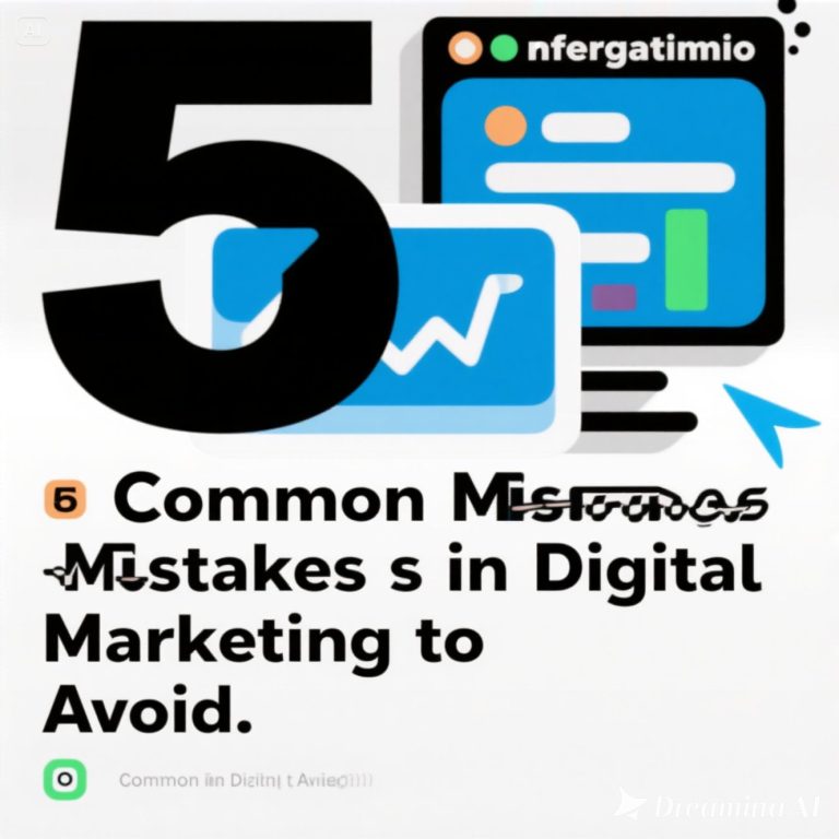 Ilustrasi marketer bekerja dengan laptop, ikon media sosial, grafik analitik, dan tanda peringatan sebagai simbol kesalahan digital marketing.