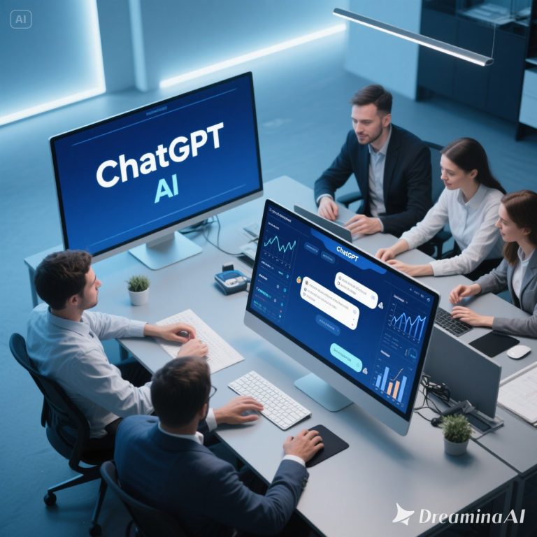 Ilustrasi marketer menggunakan ChatGPT dan AI untuk pembuatan konten, analisis data, dan strategi digital marketing.