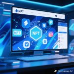 Ilustrasi NFT digunakan untuk branding dan social media, dengan ikon media sosial, avatar digital, dan koleksi NFT.