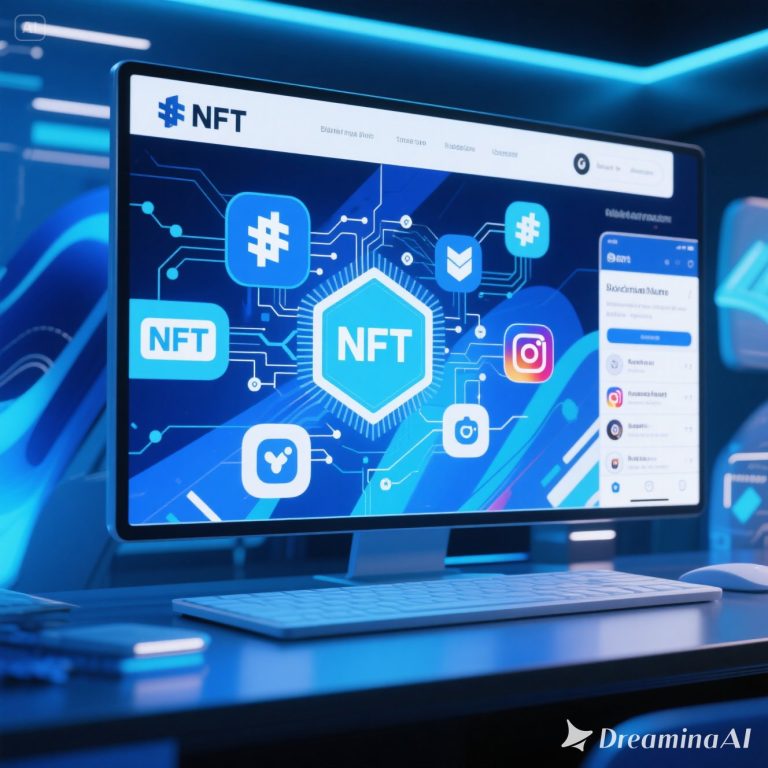 Ilustrasi NFT digunakan untuk branding dan social media, dengan ikon media sosial, avatar digital, dan koleksi NFT.