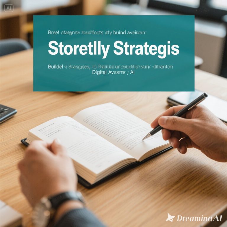 Ilustrasi storytelling digital marketing dengan brand, media sosial, dan audiens terhubung melalui cerita.