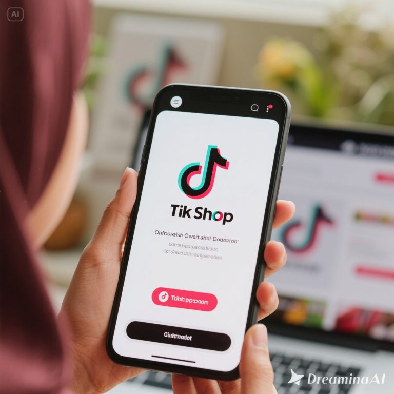Ilustrasi TikTok Shop di Indonesia dengan penjual online yang berinteraksi melalui video dan live streaming.