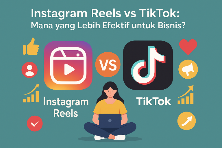 Ilustrasi perbandingan Instagram Reels dan TikTok untuk bisnis, dengan ikon resmi masing-masing platform, simbol grafik pertumbuhan, serta seorang wanita yang sedang menggunakan laptop.