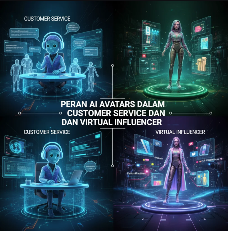AI Avatar perempuan sedang berbicara dengan pelanggan melalui layar hologram di pusat layanan digital.