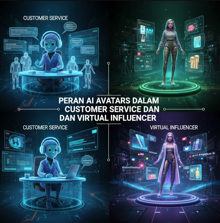 AI Avatar perempuan sedang berbicara dengan pelanggan melalui layar hologram di pusat layanan digital.