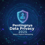 Simbol gembok digital di atas jaringan data biru, mewakili keamanan privasi dalam pemasaran digital.