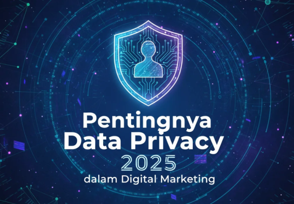 Simbol gembok digital di atas jaringan data biru, mewakili keamanan privasi dalam pemasaran digital.