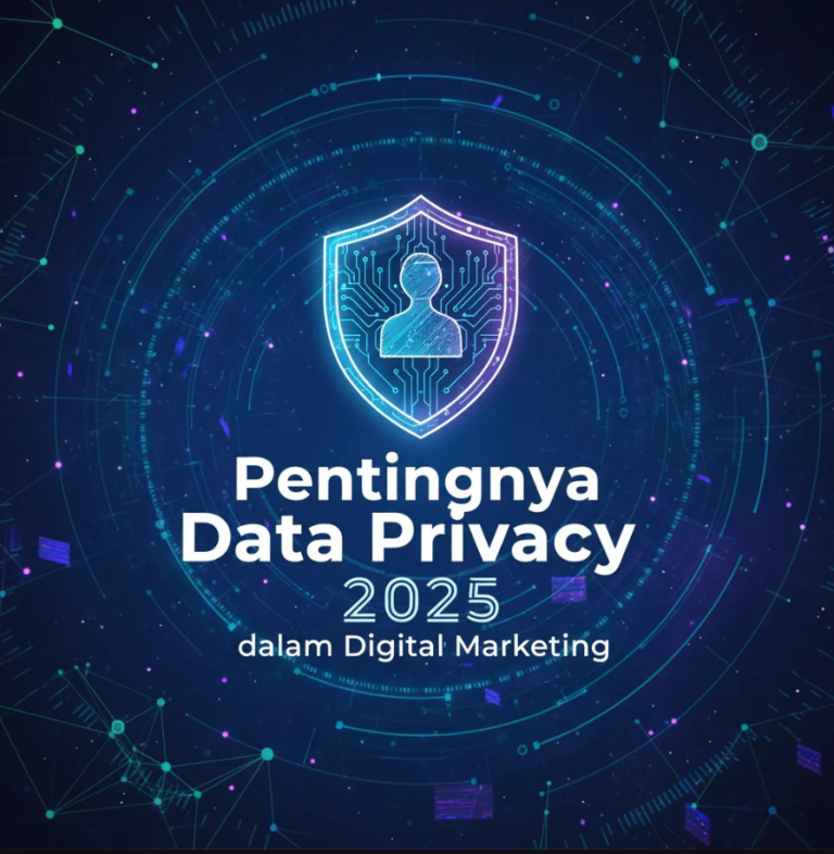 Simbol gembok digital di atas jaringan data biru, mewakili keamanan privasi dalam pemasaran digital.