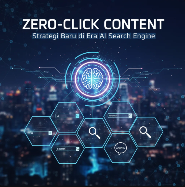 AI Search Engine menampilkan hasil pencarian tanpa klik dengan tampilan jawaban instan dan grafik data.