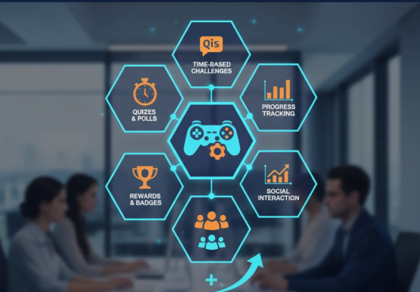 Desain digital yang menampilkan elemen gamifikasi seperti poin, badge, dan leaderboard di layar smartphone.