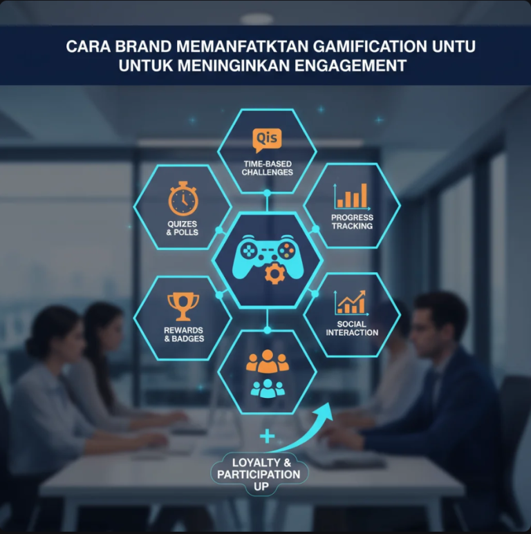 Desain digital yang menampilkan elemen gamifikasi seperti poin, badge, dan leaderboard di layar smartphone.
