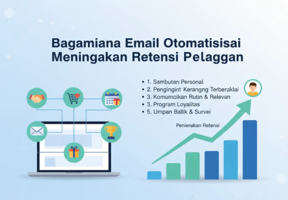 Layar laptop menampilkan dasbor email otomatisasi dengan grafik retensi pelanggan yang meningkat.