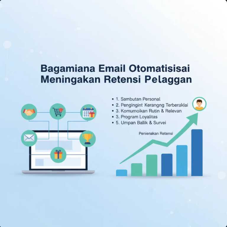 Layar laptop menampilkan dasbor email otomatisasi dengan grafik retensi pelanggan yang meningkat.