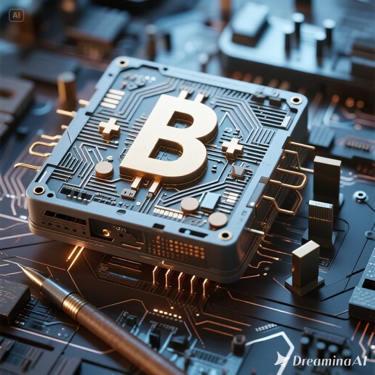Ilustrasi blockchain dalam digital marketing dengan simbol data, token, dan iklan online.