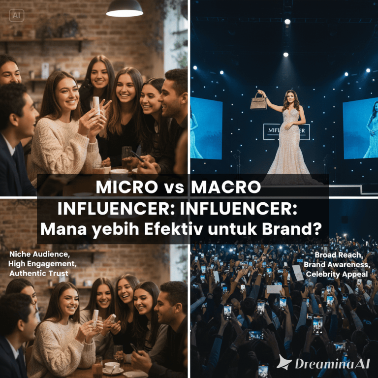 Ilustrasi perbandingan micro influencer dengan audiens niche dan macro influencer dengan audiens masif.