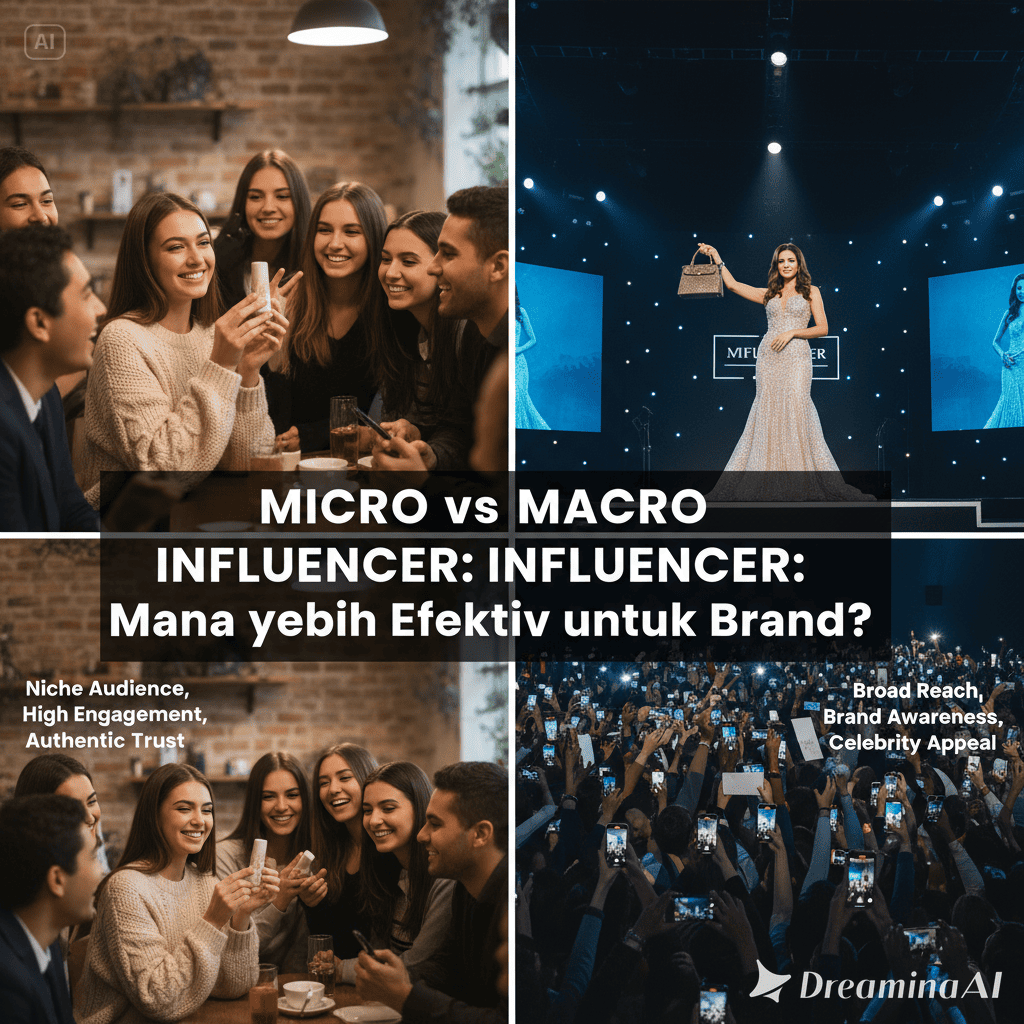 Ilustrasi perbandingan micro influencer dengan audiens niche dan macro influencer dengan audiens masif.