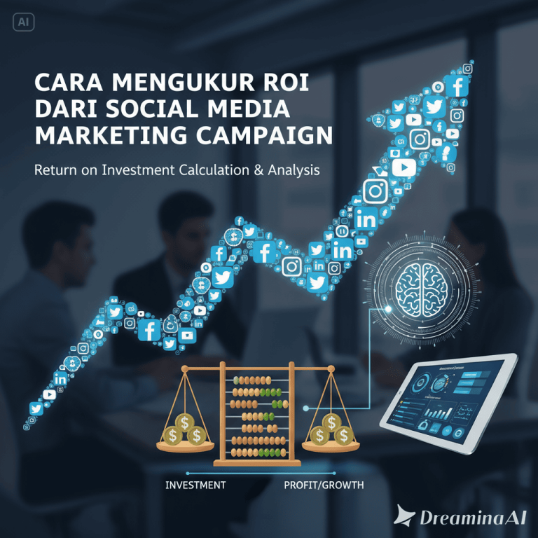 Ilustrasi grafik ROI dari kampanye social media marketing dengan ikon media sosial.