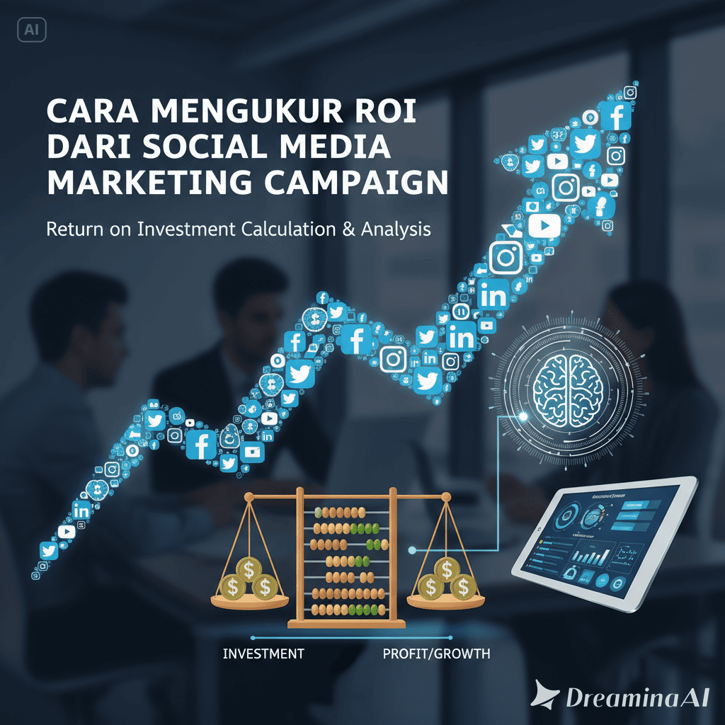Ilustrasi grafik ROI dari kampanye social media marketing dengan ikon media sosial.
