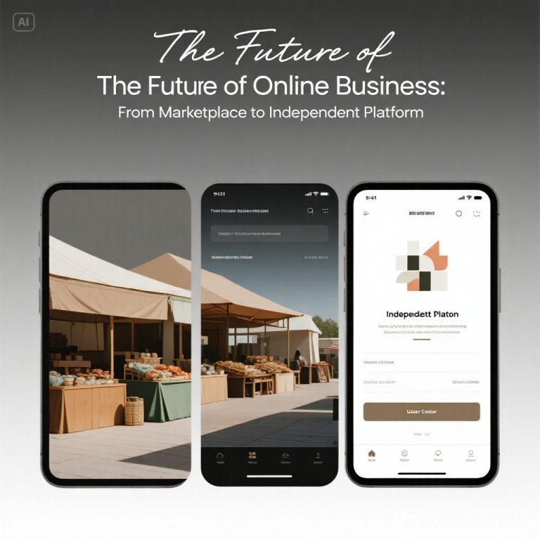 Ilustrasi bisnis online masa depan dengan marketplace dan platform mandiri berbasis teknologi digital.