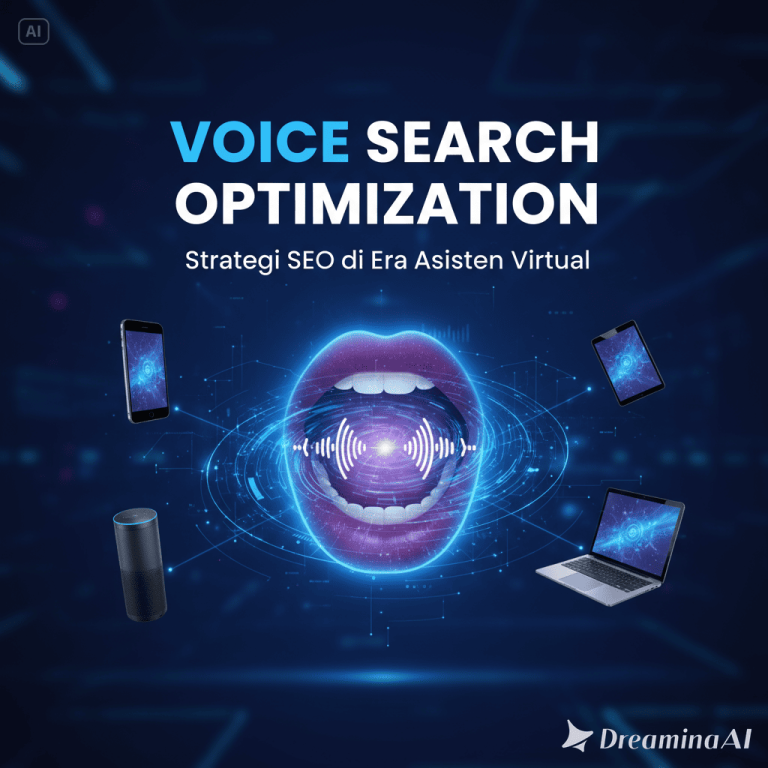 Ilustrasi orang menggunakan smartphone dengan ikon asisten virtual dan voice search.