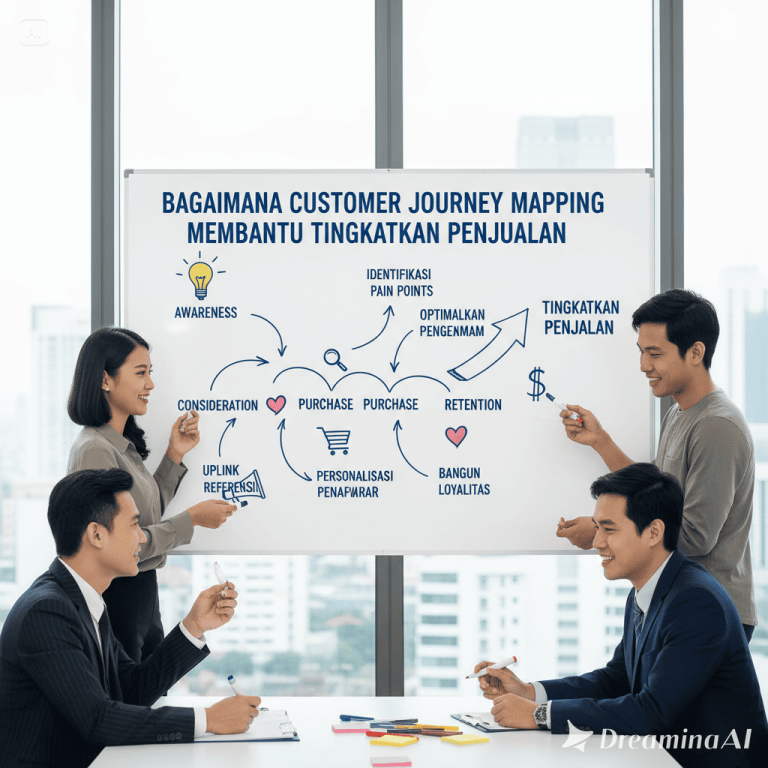 Ilustrasi customer journey mapping dengan alur tahapan awareness, consideration, purchase, retention, advocacy.