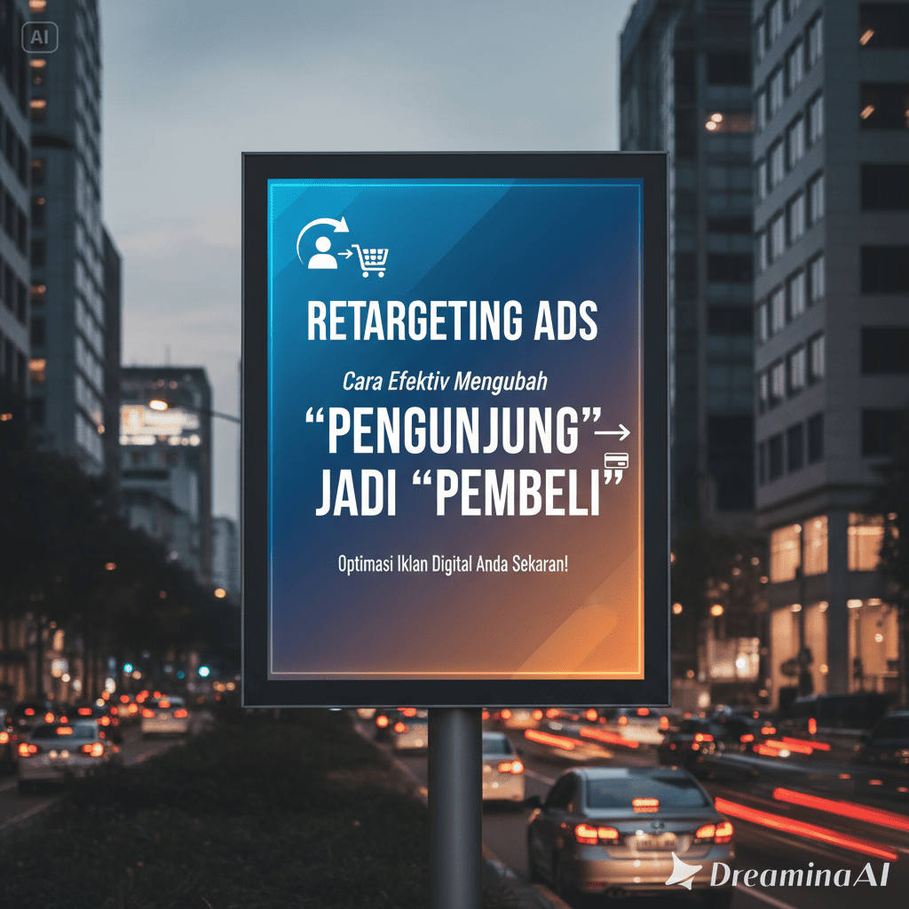 Ilustrasi retargeting ads dengan pengguna yang melihat iklan produk di berbagai perangkat digital.