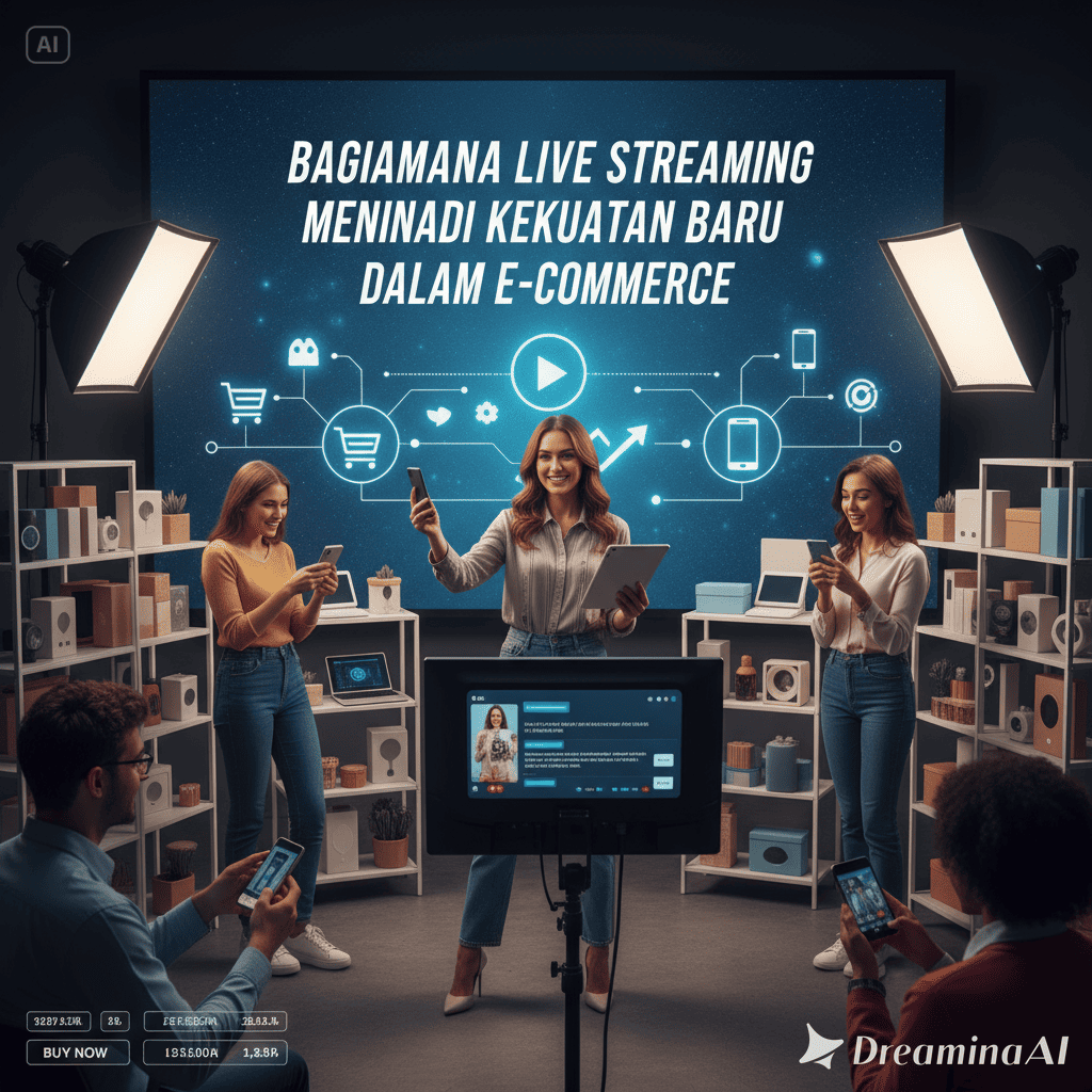 Ilustrasi penjual melakukan live streaming di e-commerce dengan penonton berinteraksi secara real-time.
