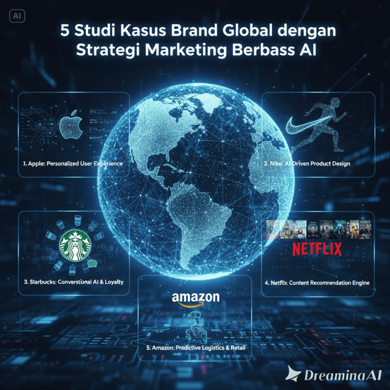 Ilustrasi AI dalam strategi marketing global, menampilkan brand terkenal, analisis data, dan personalisasi pelanggan.