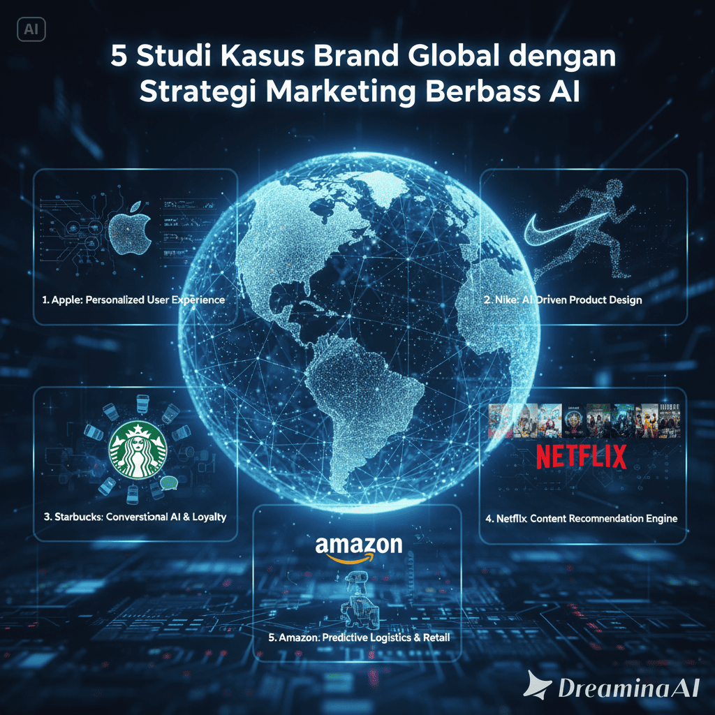 Ilustrasi AI dalam strategi marketing global, menampilkan brand terkenal, analisis data, dan personalisasi pelanggan.