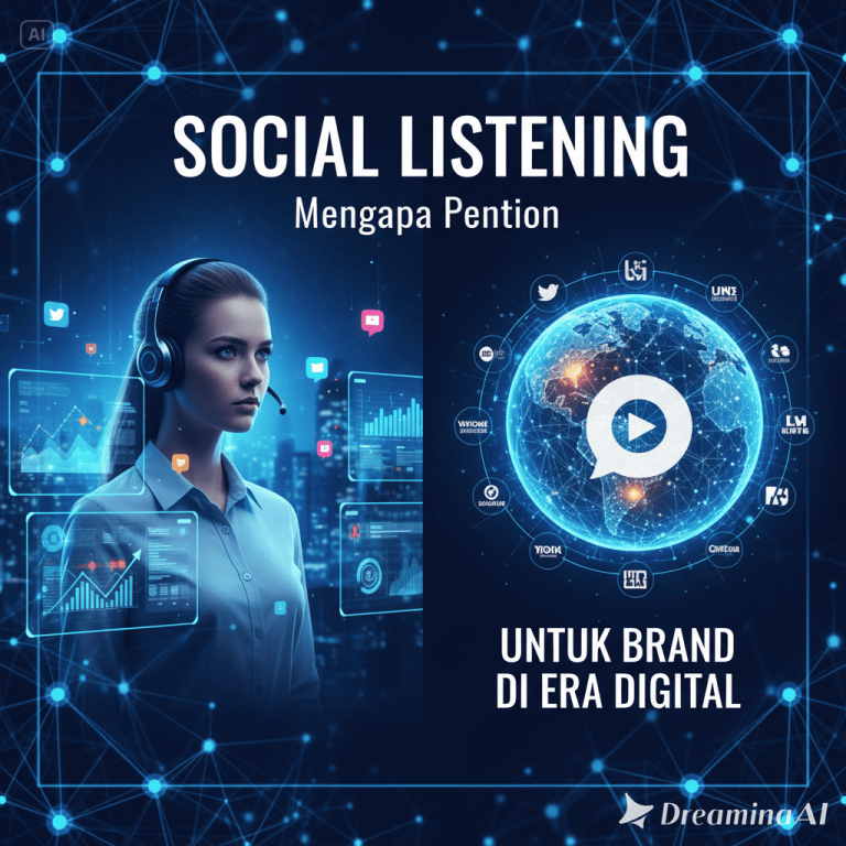 Ilustrasi brand yang memantau percakapan media sosial melalui dashboard analitik.