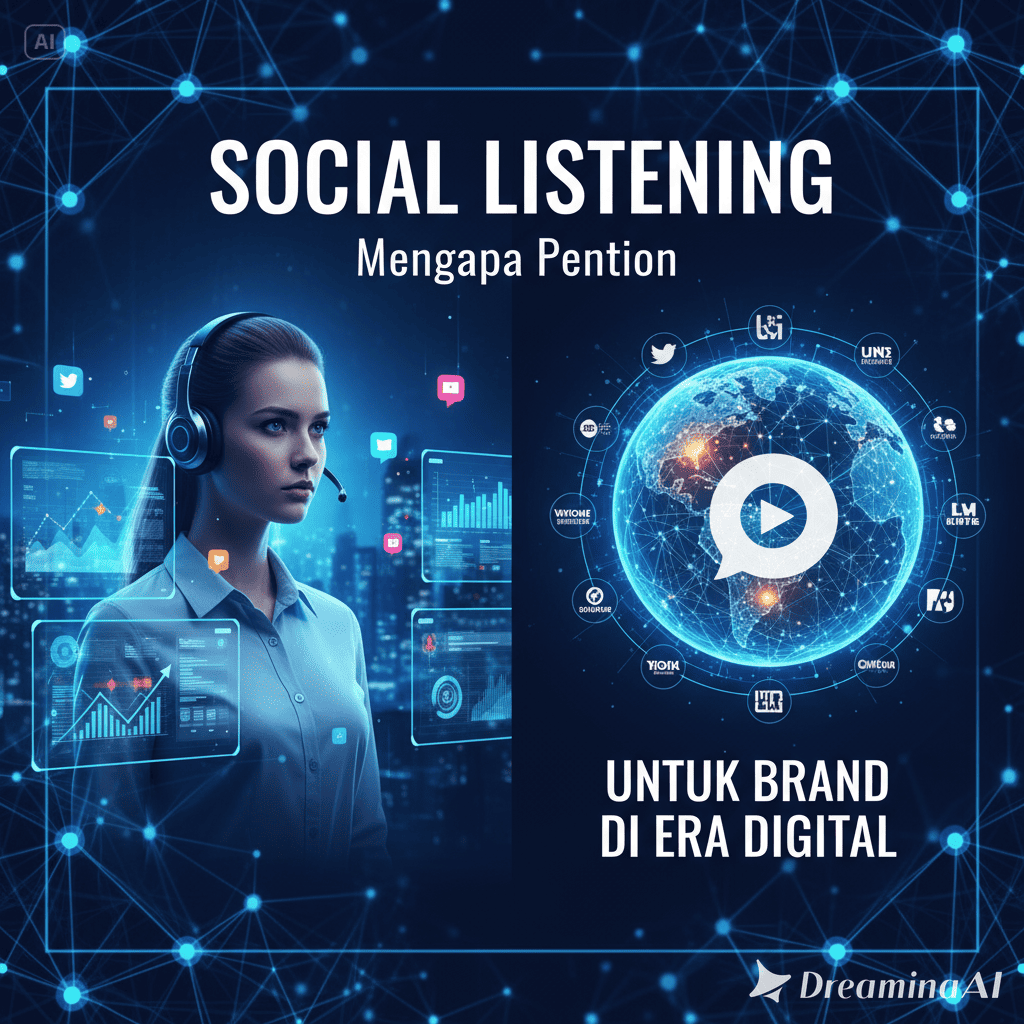 Ilustrasi brand yang memantau percakapan media sosial melalui dashboard analitik.