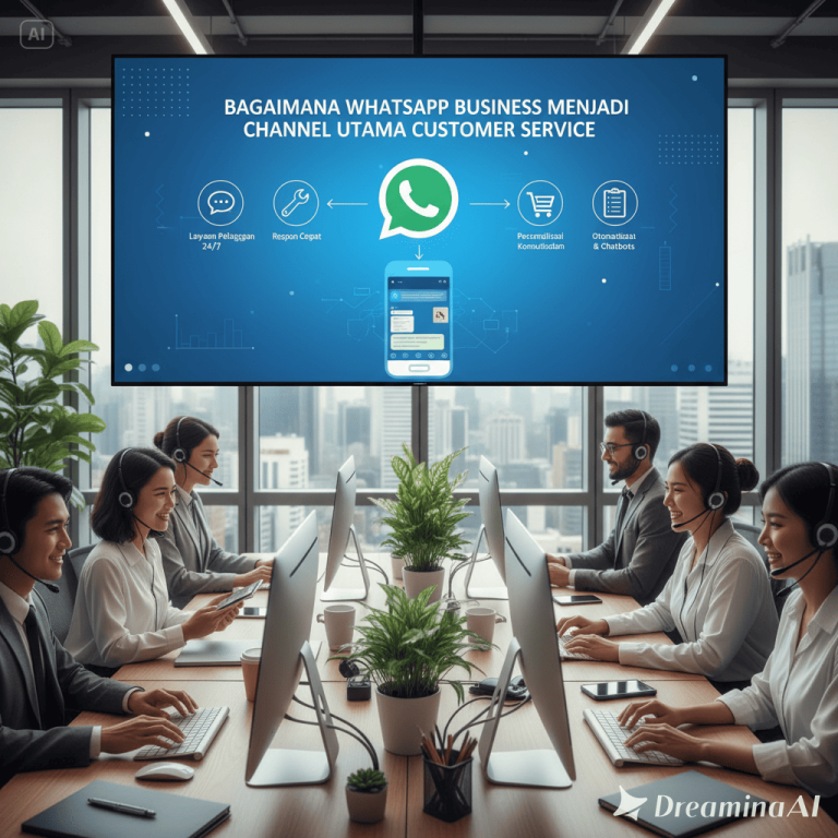 Ilustrasi WhatsApp Business digunakan untuk customer service dengan chatbot dan agen manusia.