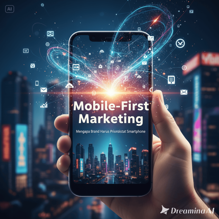 Ilustrasi strategi mobile-first marketing dengan pengguna smartphone dan elemen digital marketing.