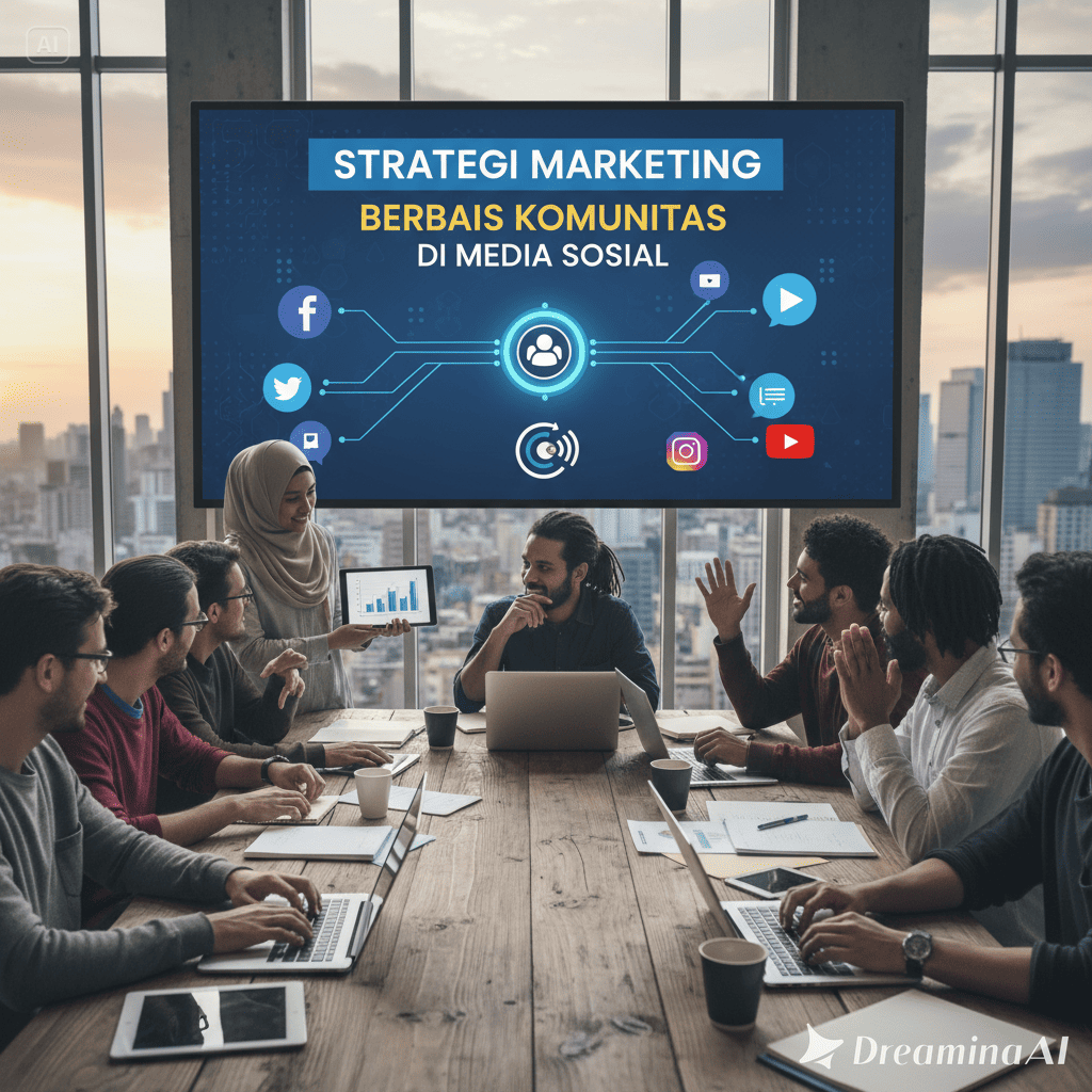 Ilustrasi komunitas digital di media sosial dengan orang-orang berinteraksi melalui smartphone dan ikon jaringan sosial.