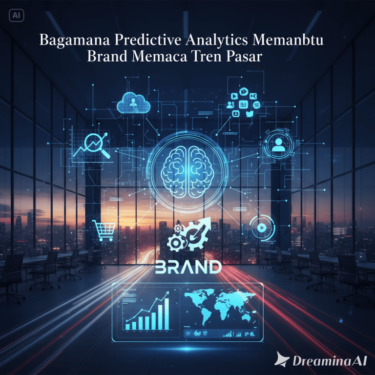 Ilustrasi grafik data dan AI yang menganalisis tren pasar dengan warna biru futuristik.
