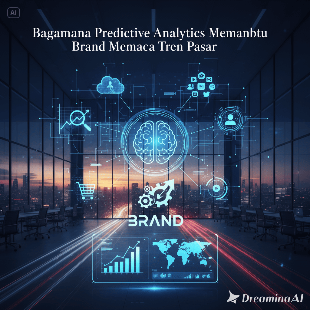 Ilustrasi grafik data dan AI yang menganalisis tren pasar dengan warna biru futuristik.