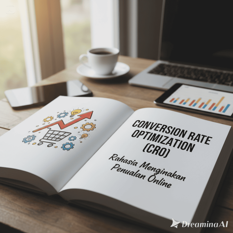 Tampilan dashboard analitik digital yang menunjukkan peningkatan conversion rate dengan grafik dan ikon e-commerce.