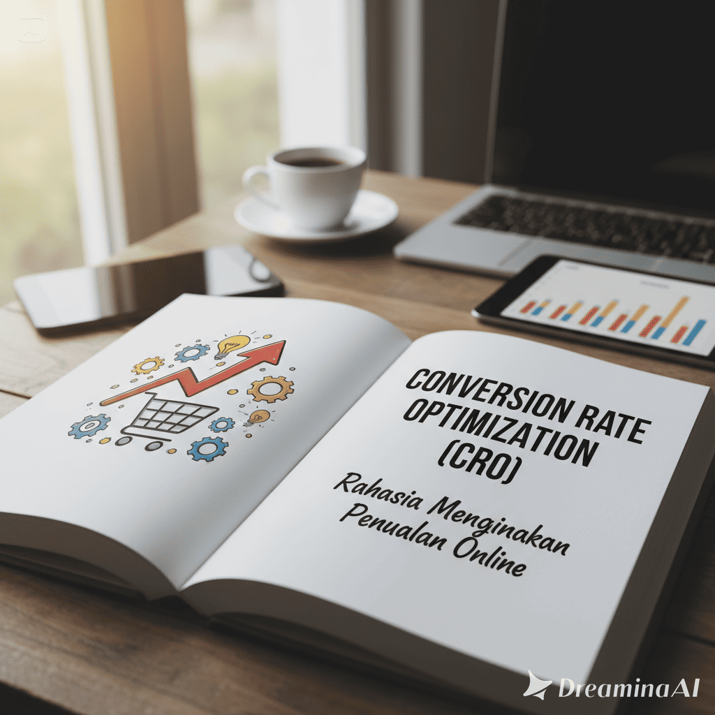 Tampilan dashboard analitik digital yang menunjukkan peningkatan conversion rate dengan grafik dan ikon e-commerce.